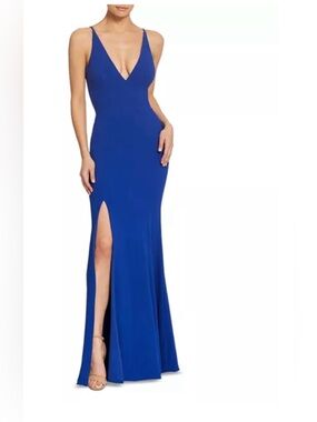 NWT Dress The Population Electric Blue Iris Plunging Crepe Gown W Side Slit-Med